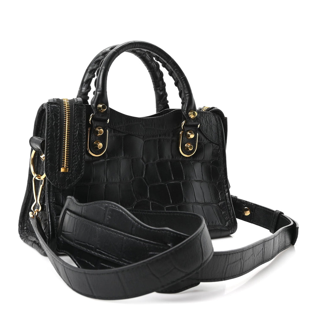 Calfskin Crocodile Embossed Gold Metallic Edge Hardware Mini City Black