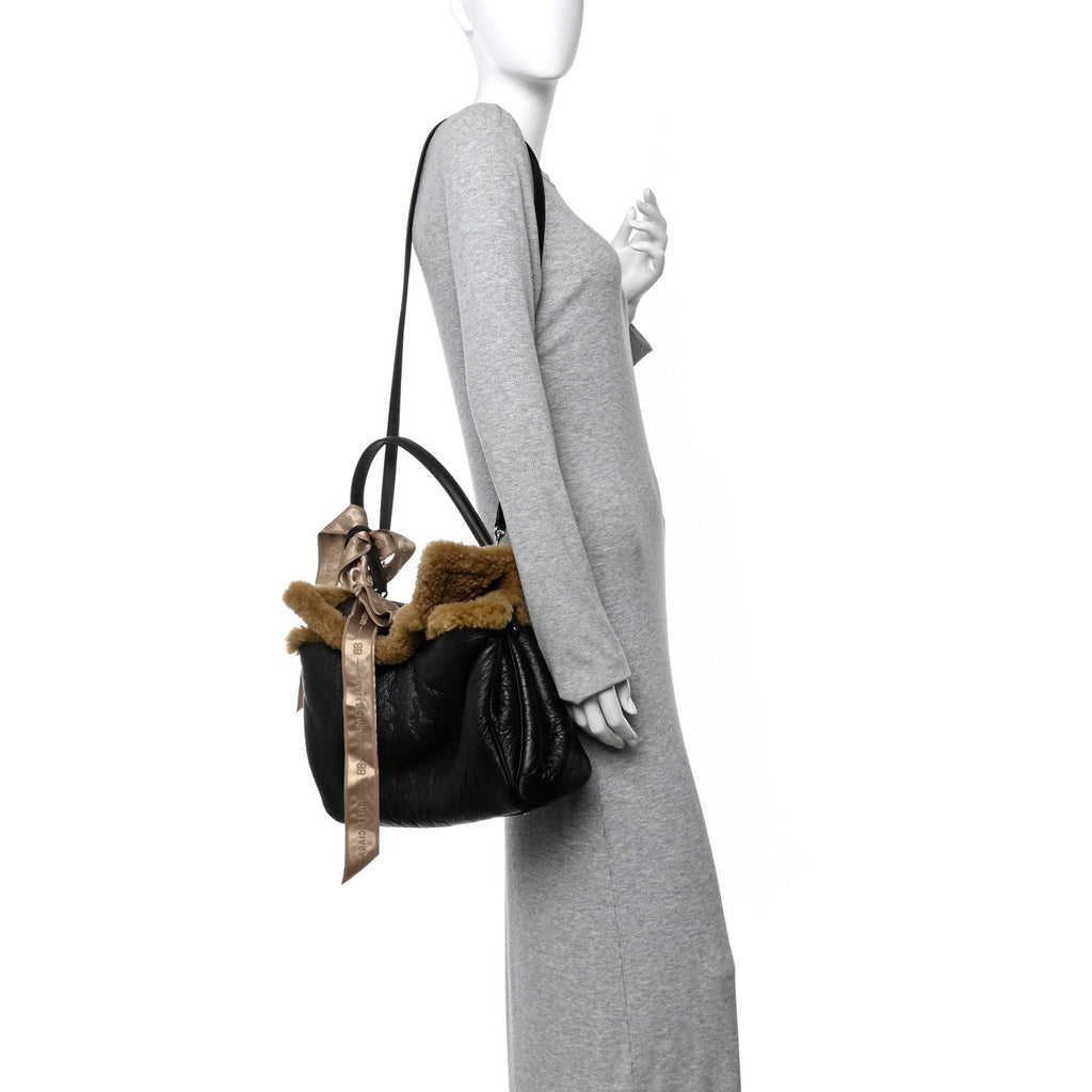 Crushed Calfskin Shearling Medium Rodeo Top Handle Handbag Brown Beige