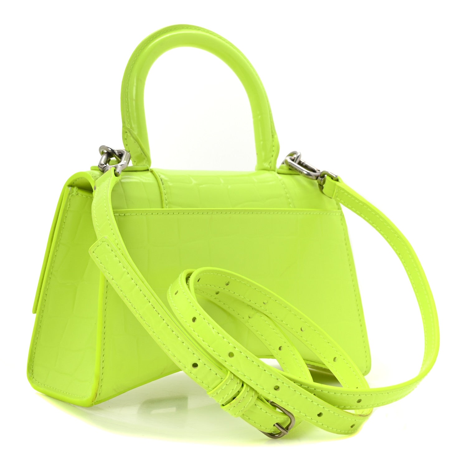 Shiny Calfskin Crocodile Embossed Hourglass Top Handle Bag XS Fluo Yellow