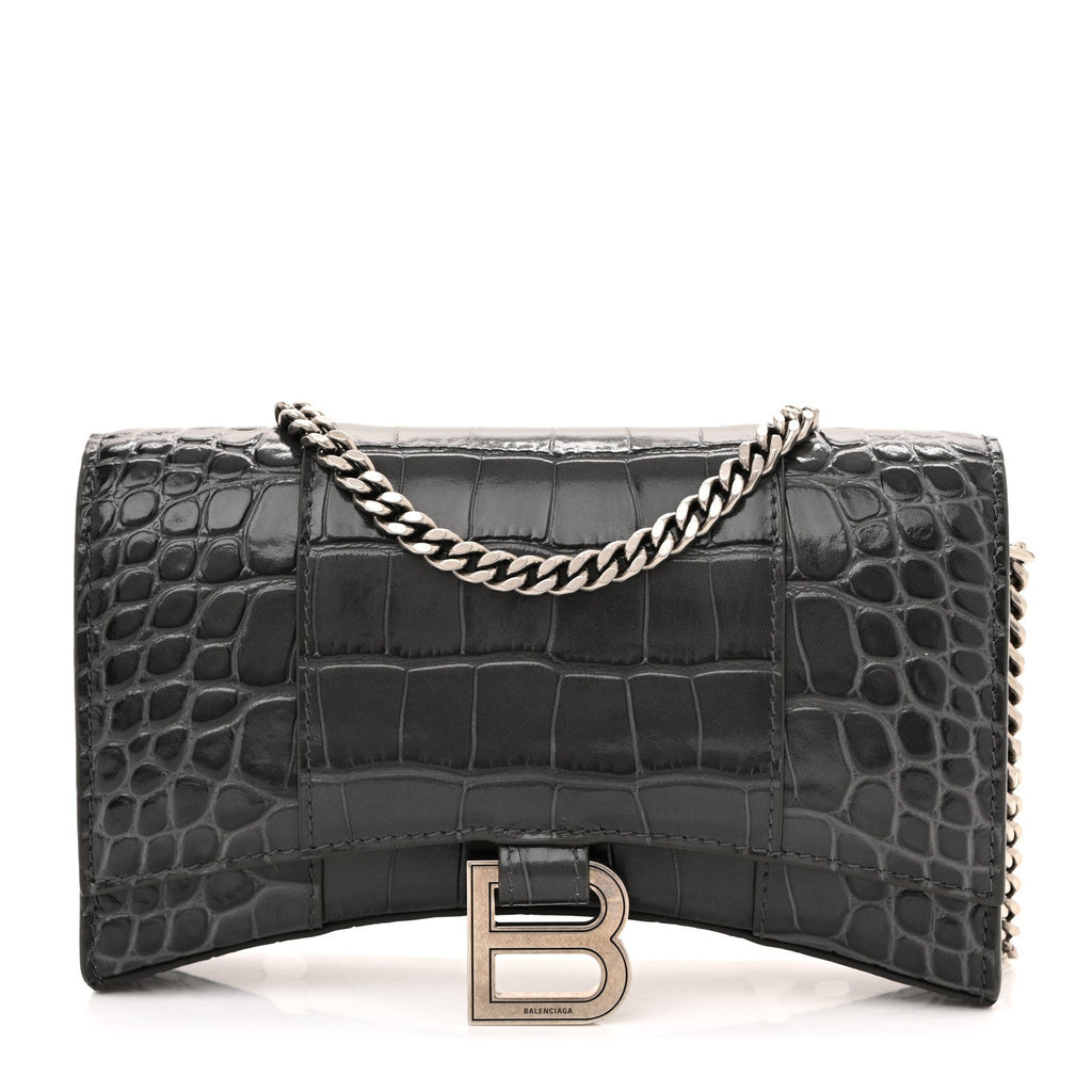 Shiny Calfskin Crocodile Embossed Hourglass Chain Bag Gris