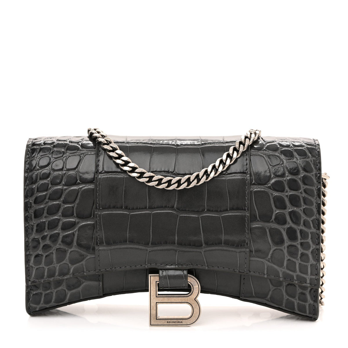 Shiny Calfskin Crocodile Embossed Hourglass Chain Bag Gris
