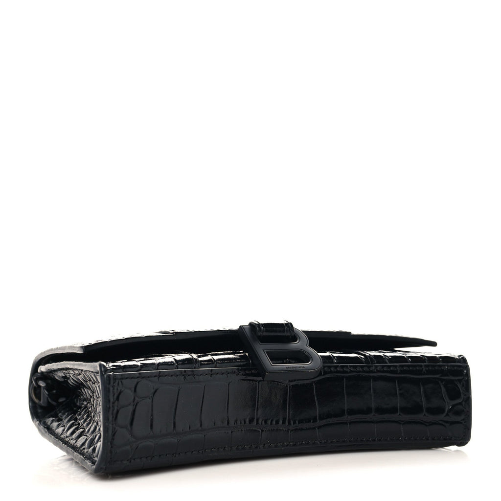Shiny Calfskin Monochrome Crocodile Embossed Hourglass Chain Bag Black