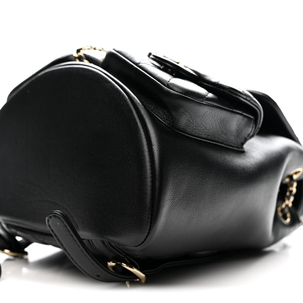 Shiny Caviar Quilted Medium Duma Pockets Drawstring Backpack Black