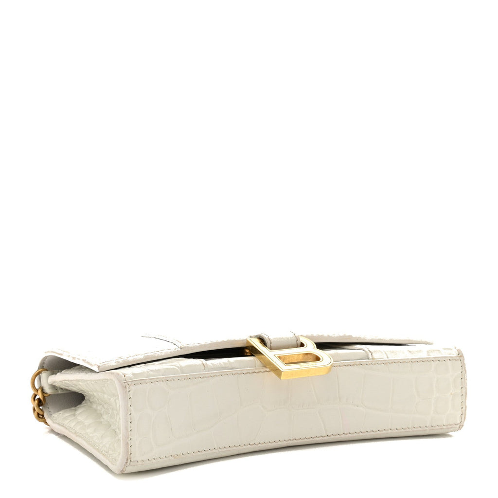 Shiny Calfskin Crocodile Embossed Hourglass Chain Bag White