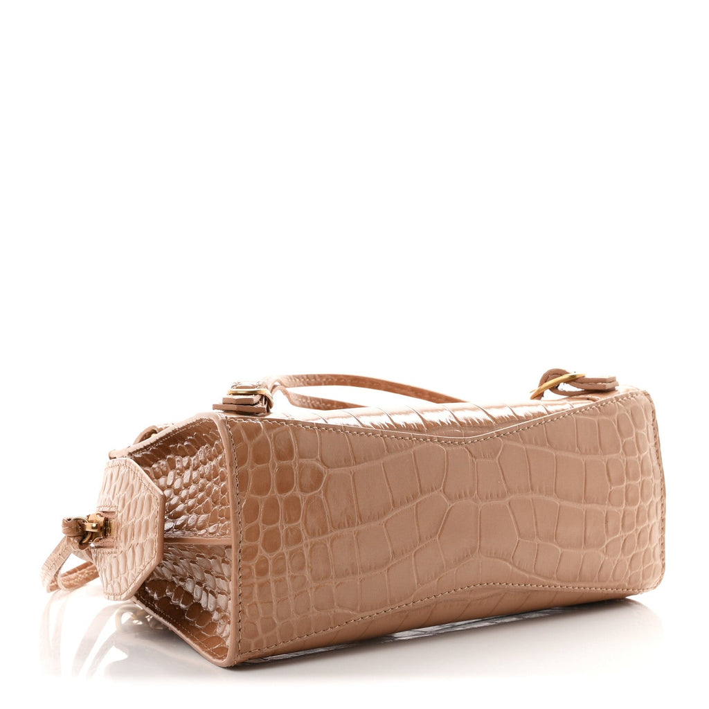 Shiny Supple Calfskin Crocodile Embossed Neo Classic Gold Hardware Mini City Nude Beige
