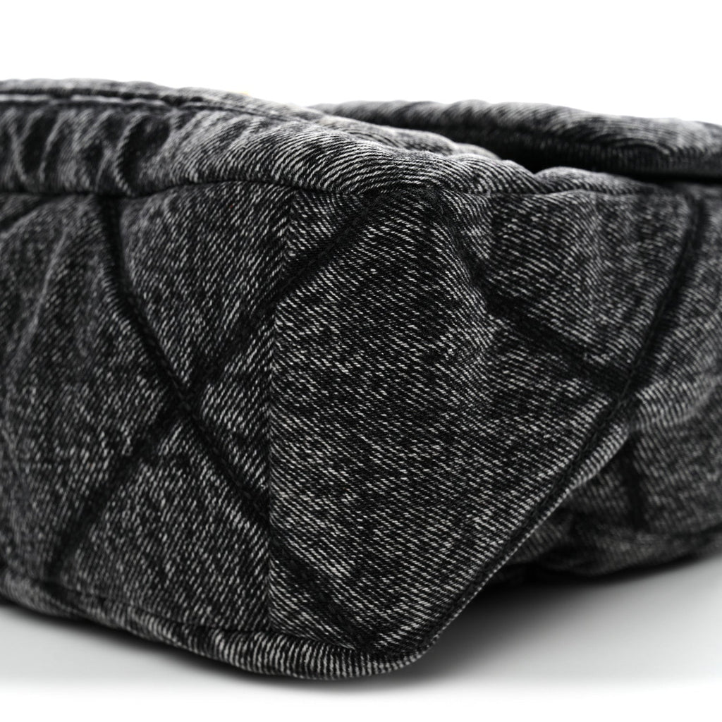 Washed Denim Quilted Large Flap Bag Black