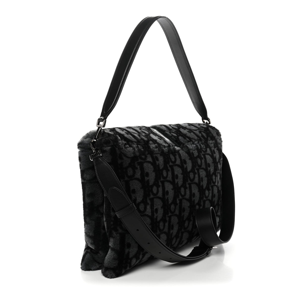 Oblique Mink Fur Saddle Soft Bag Dark Grey