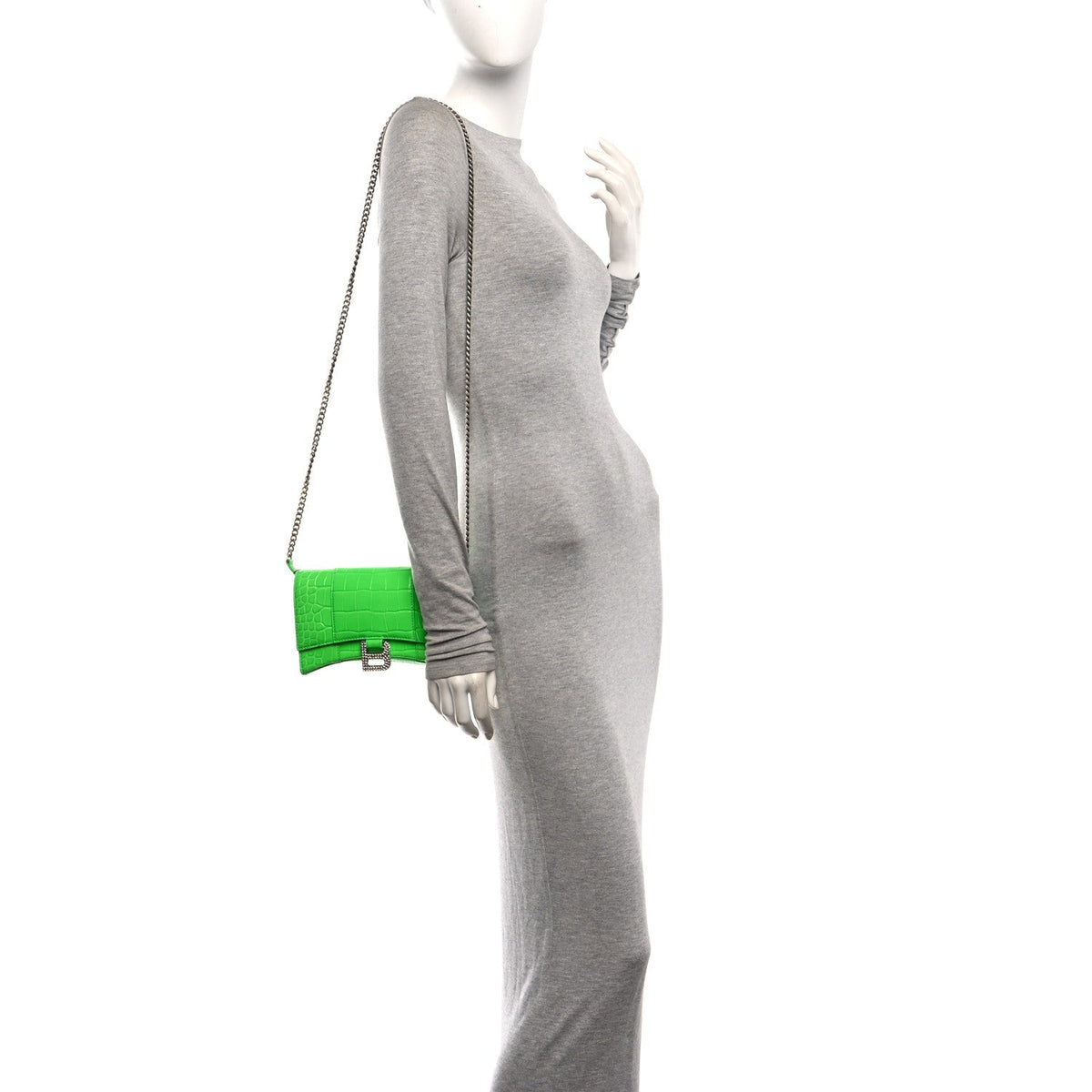 Shiny Calfskin Strass Crocodile Embossed Hourglass Chain Bag Fluo Green