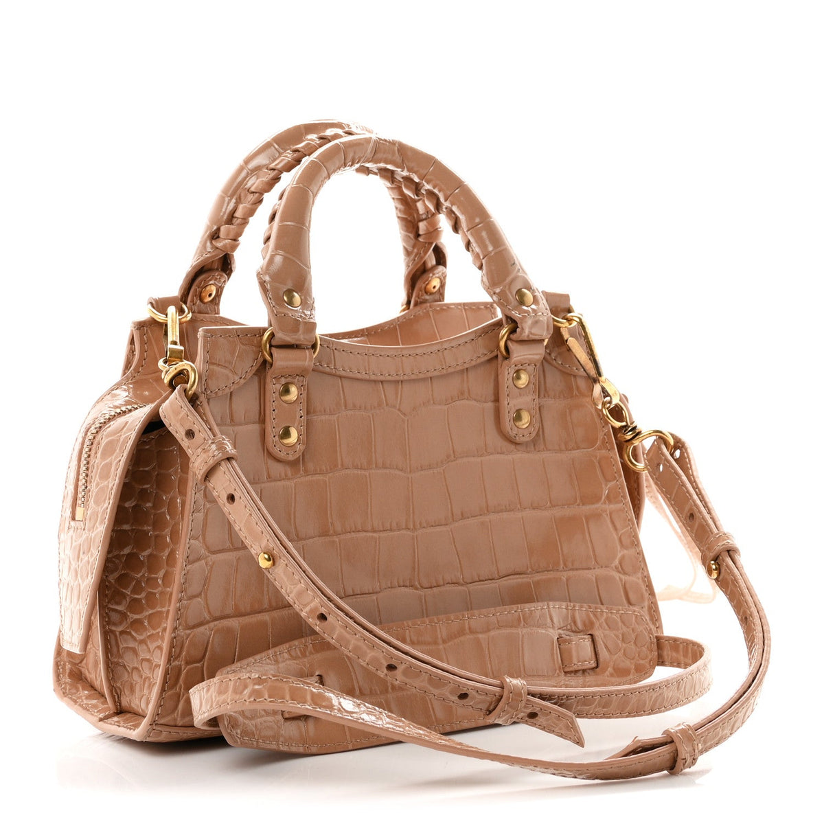 Shiny Supple Calfskin Crocodile Embossed Neo Classic Gold Hardware Mini City Nude Beige