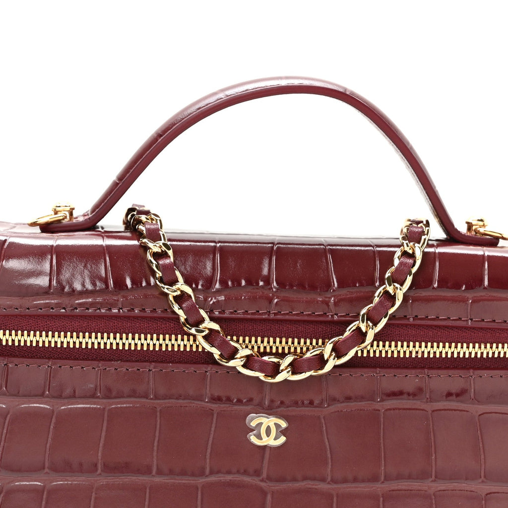 Calfskin Crocodile Embossed Exoticoco Large Supple Trapeze Vanity With Chain Dark Burgundy