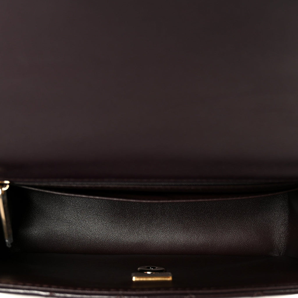 Lambskin Quilted Mini Top Handle Rectangular Flap Dark Brown