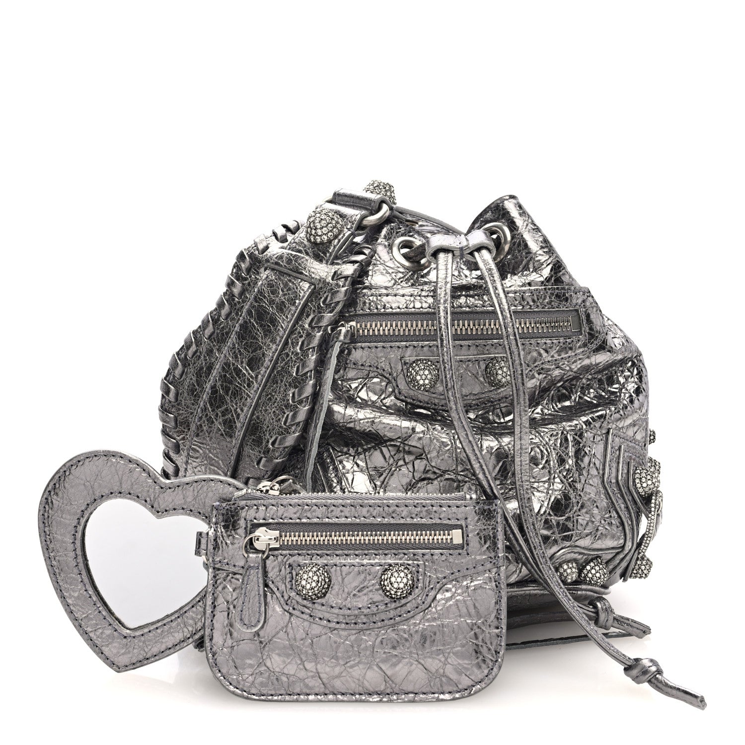 Metallic Agneau Arena Crystal Le Cagole Bucket Bag XS Silver