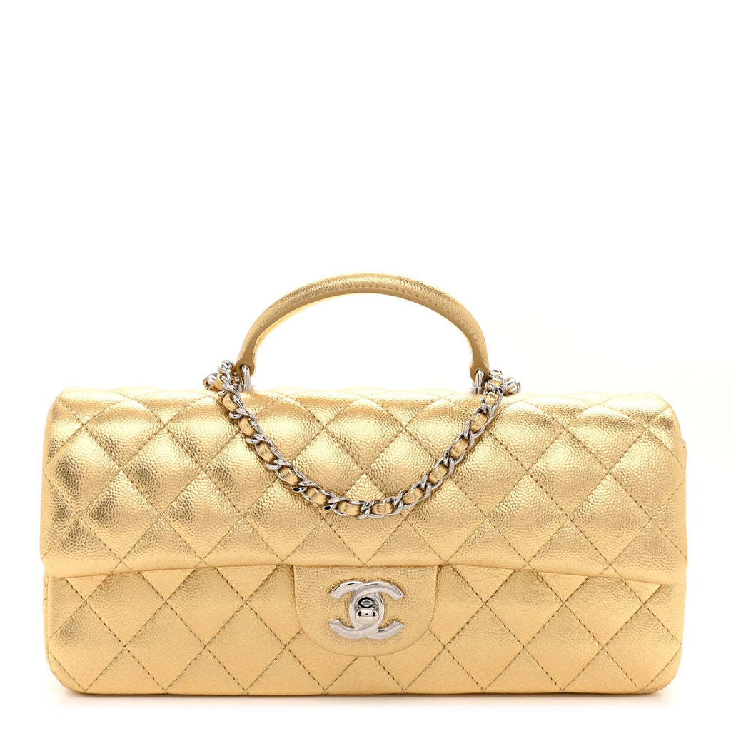 Metallic Caviar Quilted Top Handle East West Flap Gold
