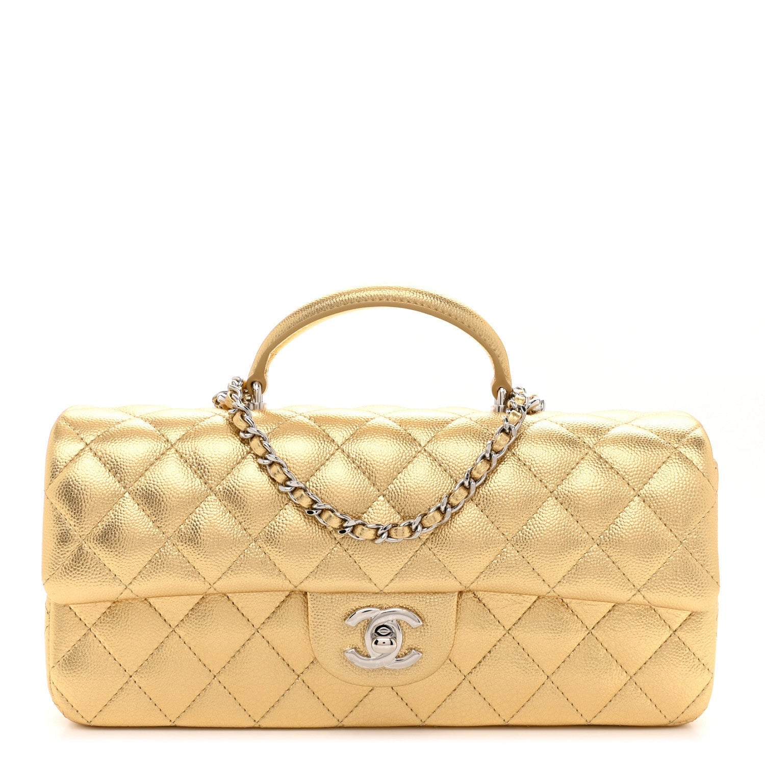 Metallic Caviar Quilted Top Handle East West Flap Gold