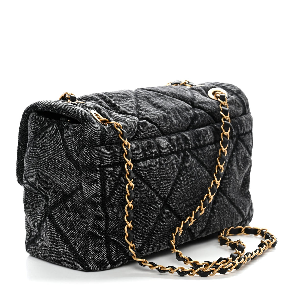 Washed Denim Quilted Large Flap Bag Black
