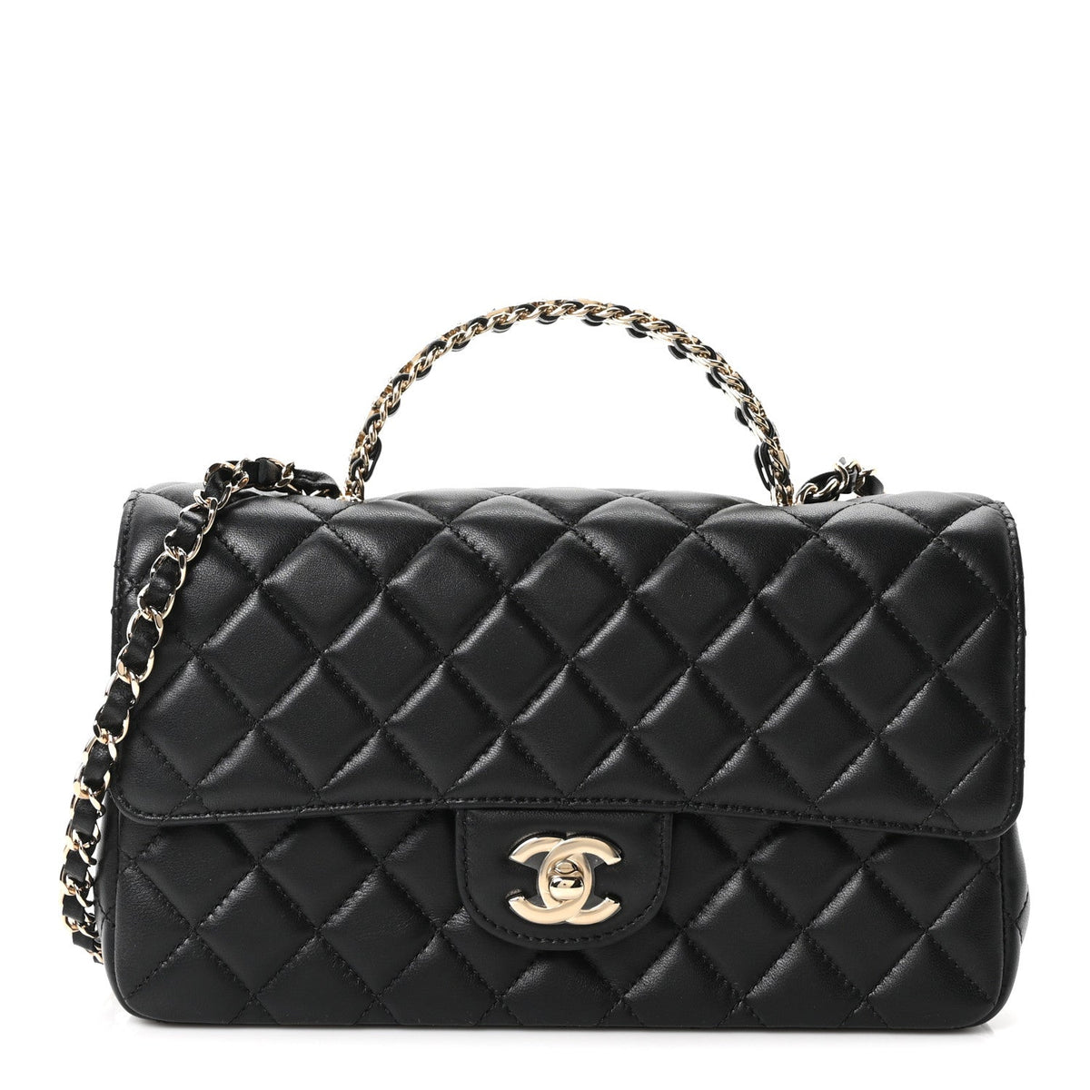 Lambskin Quilted Crystal Top Handle Small Rectangular Flap Black