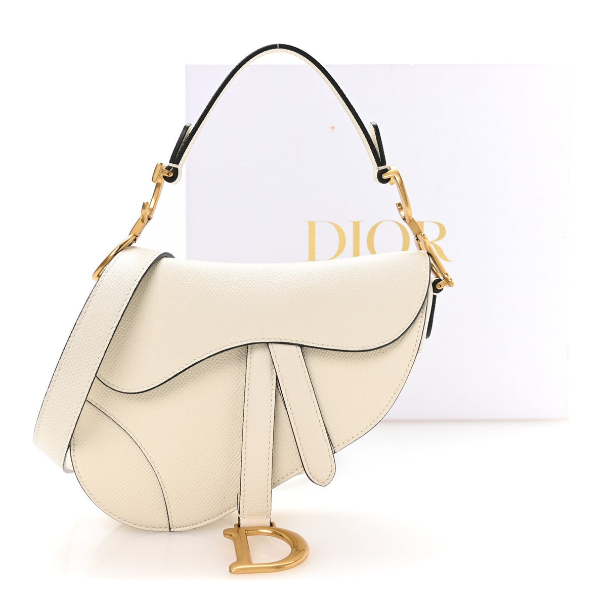 Grained Calfskin Mini Saddle Bag With Strap White