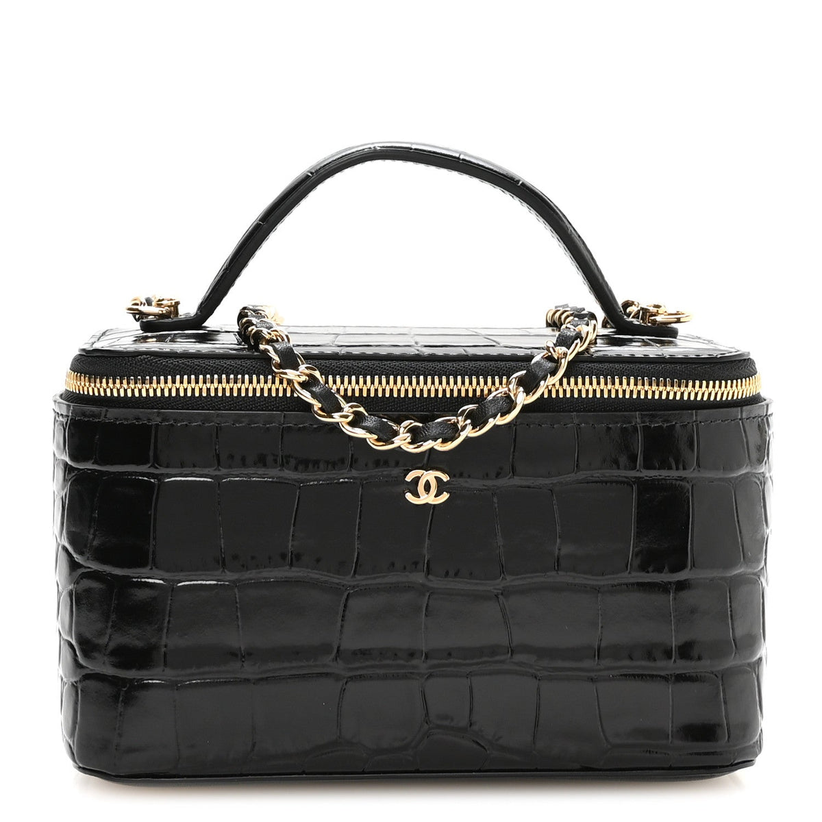 Calfskin Crocodile Embossed Crococo Small Top Handle Vanity Case With Chain Black