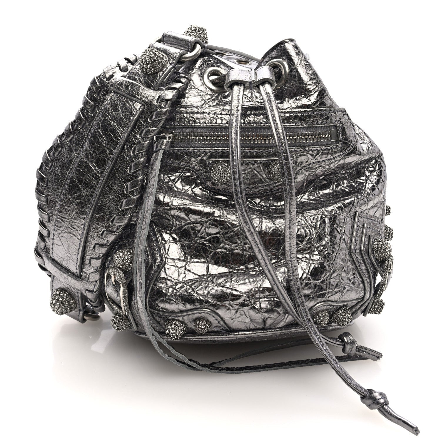 Metallic Agneau Arena Crystal Le Cagole Bucket Bag XS Silver