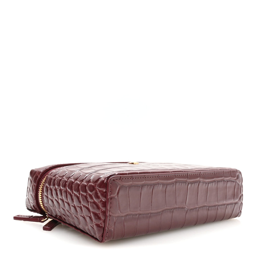 Calfskin Crocodile Embossed Exoticoco Large Supple Trapeze Vanity With Chain Dark Burgundy