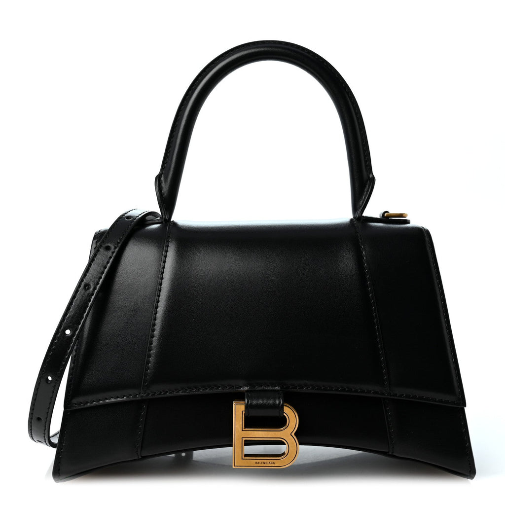 Shiny Box Calfskin Small Hourglass Top Handle Bag Black