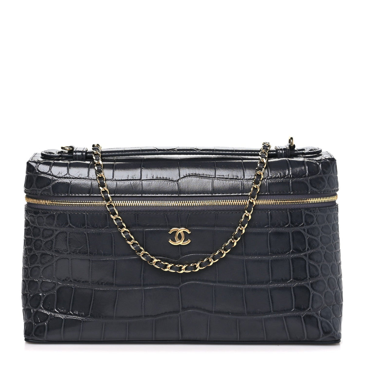 Calfskin Crocodile Embossed Large Supple Trapeze Vanity With Chain Grey