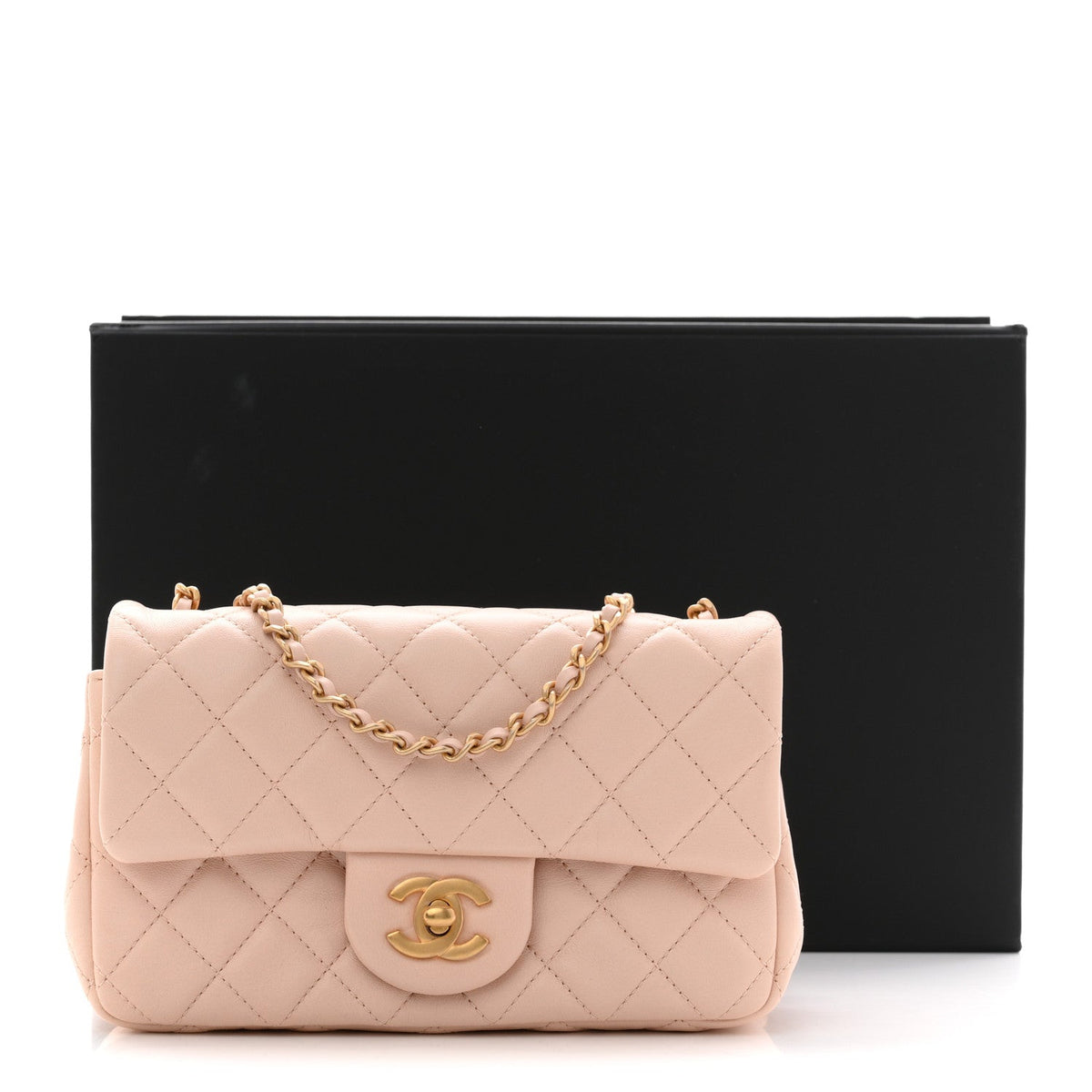 Lambskin Quilted Mini Rectangular Pearl Crush Flap Light Beige