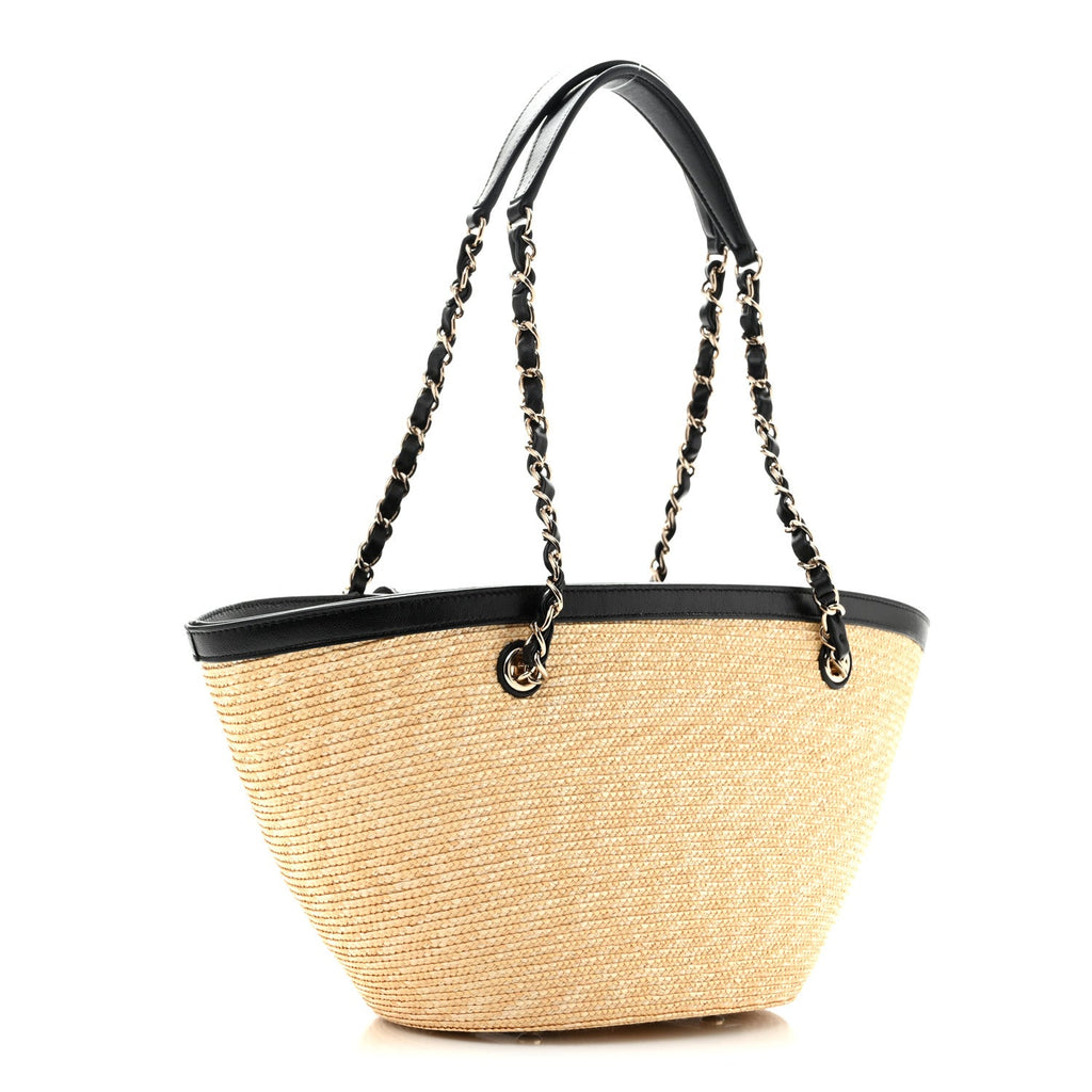 Raffia Braided Lambskin Small Shopping Tote Beige Black