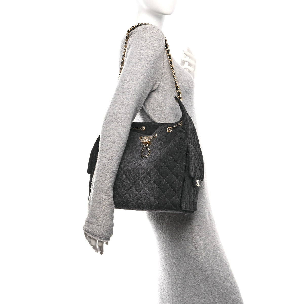 Washed Denim Quilted Medium Chanel 25 Handbag Black