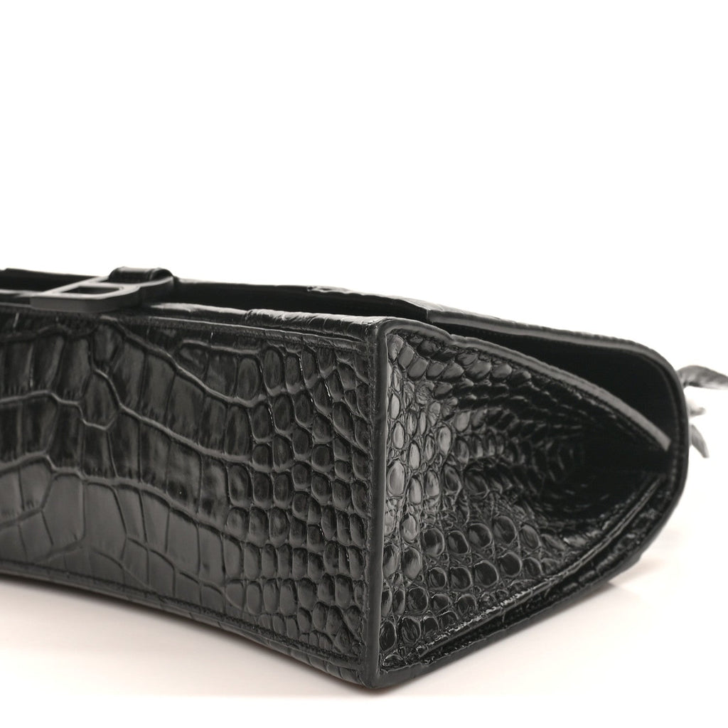 Shiny Calfskin Monochrome Crocodile Embossed Medium Hourglass Top Handle Bag Black