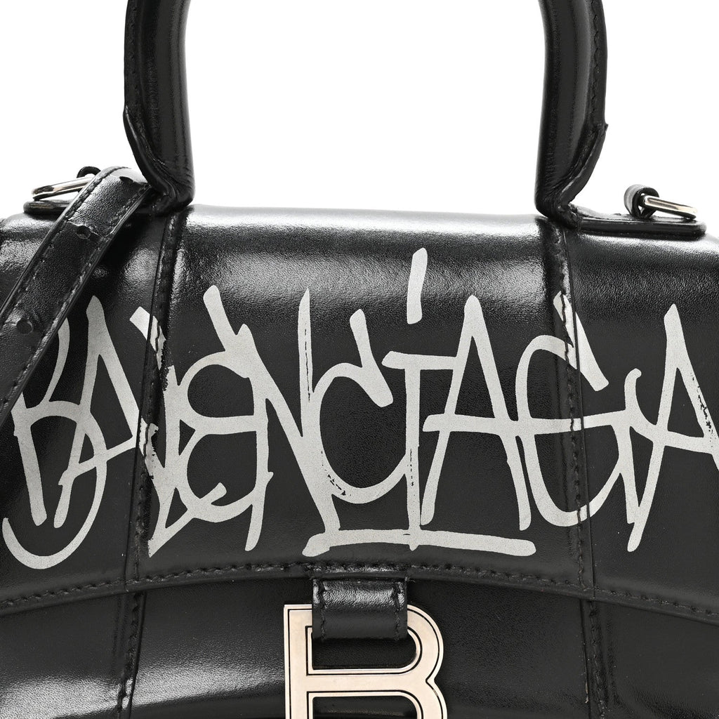 Box Calfskin Graffiti Logo Hourglass Top Handle Bag XS Black Silver