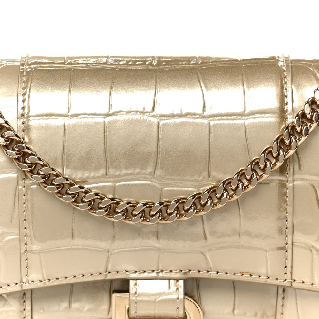 Metallic Calfskin Crocodile Embossed Hourglass Chain Bag Gold