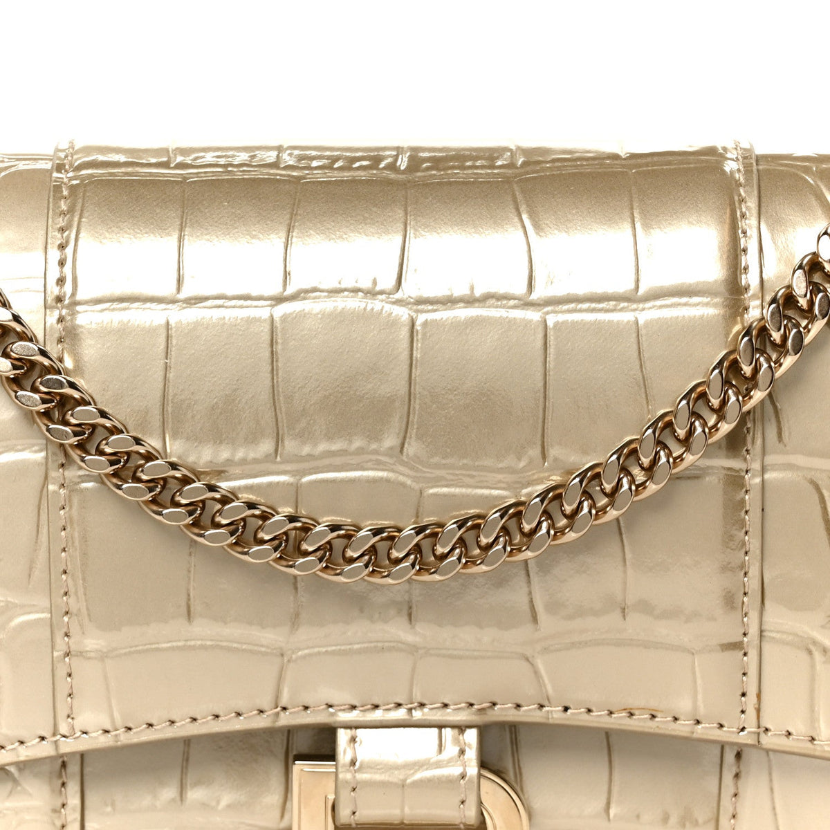 Metallic Calfskin Crocodile Embossed Hourglass Chain Bag Gold