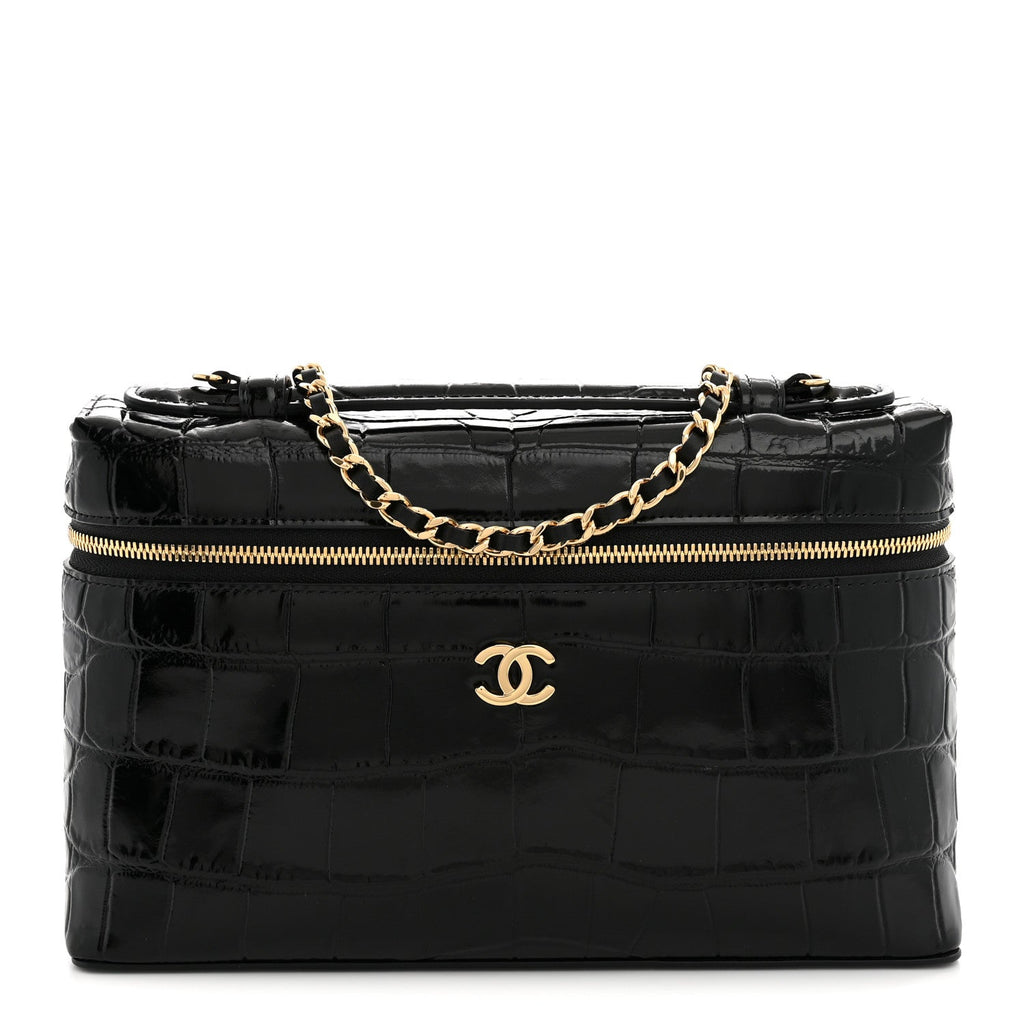 Calfskin Crocodile Embossed Slim Vanity Case With Chain  Black