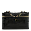 Calfskin Crocodile Embossed Slim Vanity Case With Chain  Black