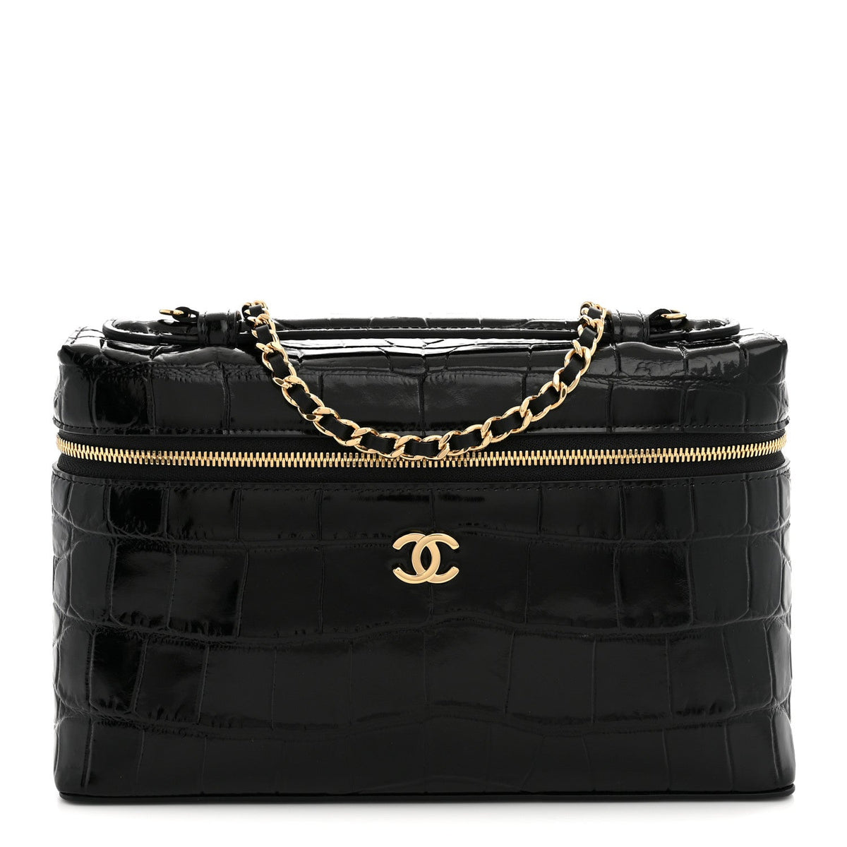 Calfskin Crocodile Embossed Slim Vanity Case With Chain  Black