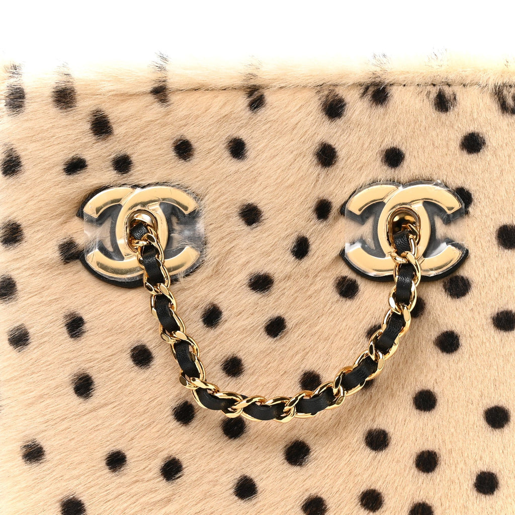 Pony Hair Cheetah Printed CC Chain Bucket Bag Light Beige Black