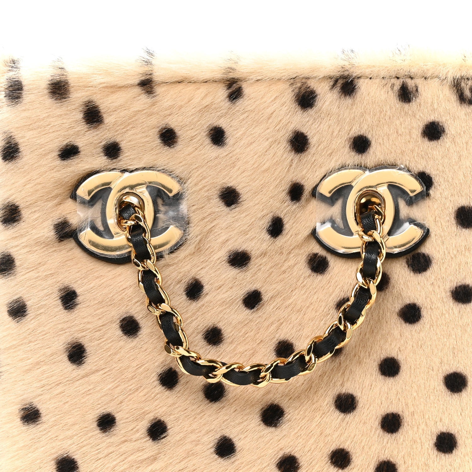 Pony Hair Cheetah Printed CC Chain Bucket Bag Light Beige Black