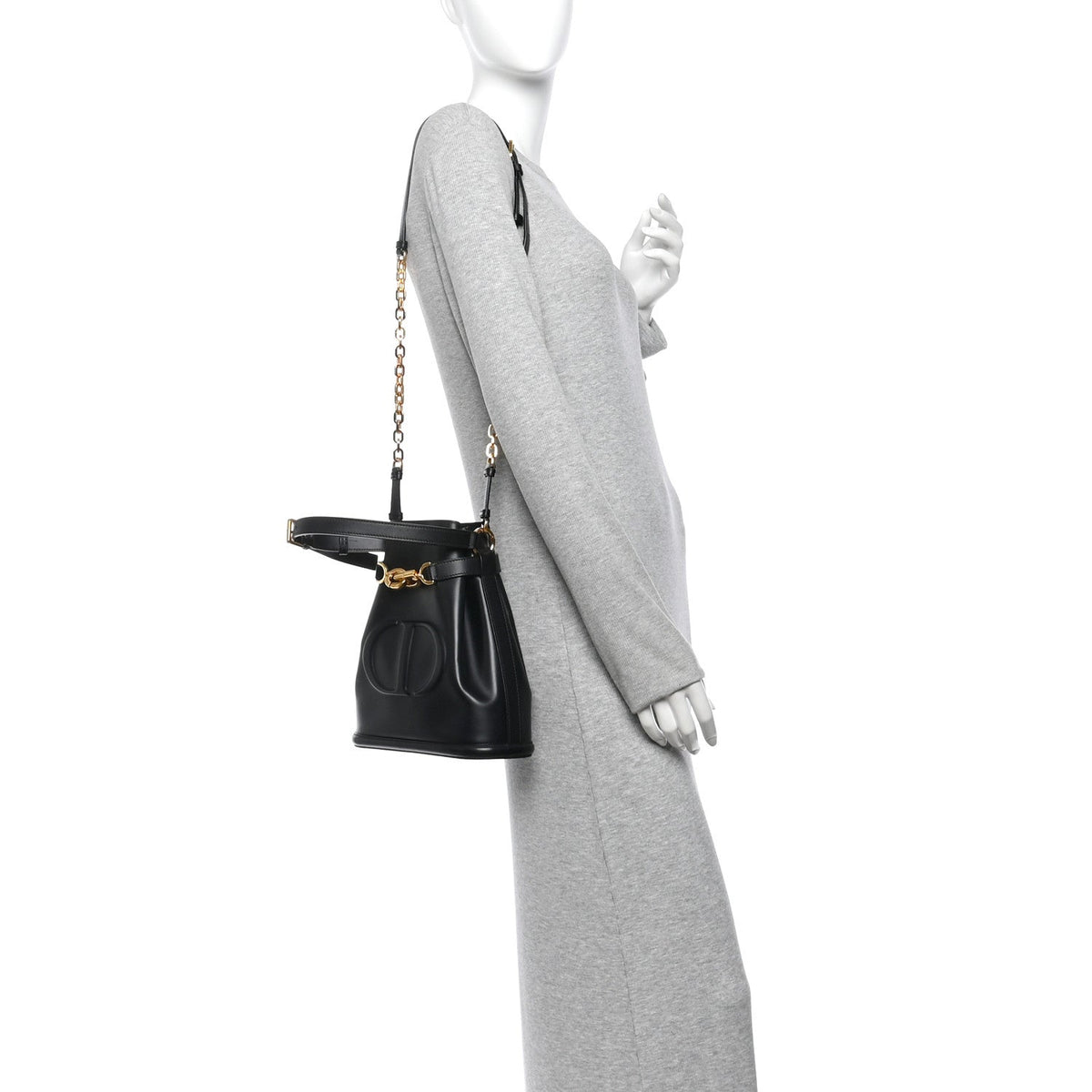 Calfskin CD Embossed Medium C'est Chain Bucket Bag Black