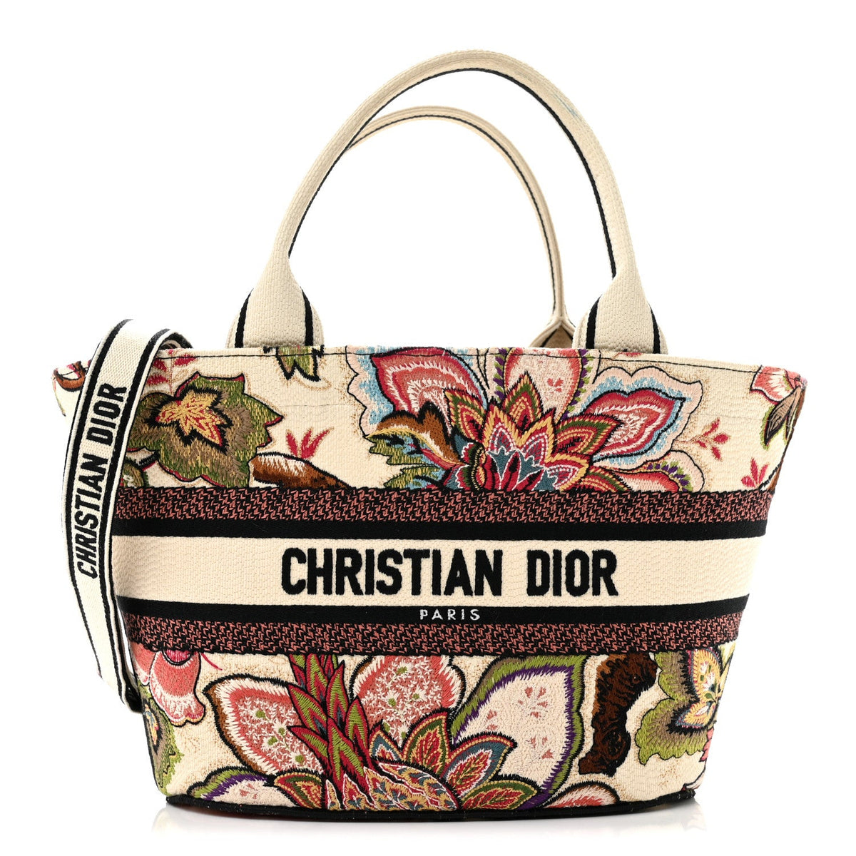 Canvas Embroidered Floral Panier Chapeau Tote White Multicolor