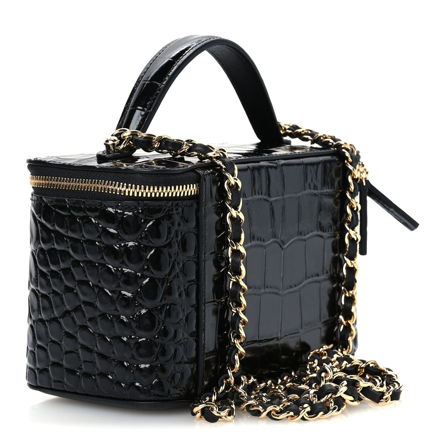 Calfskin Crocodile Embossed Crococo Small Top Handle Vanity Case With Chain Black