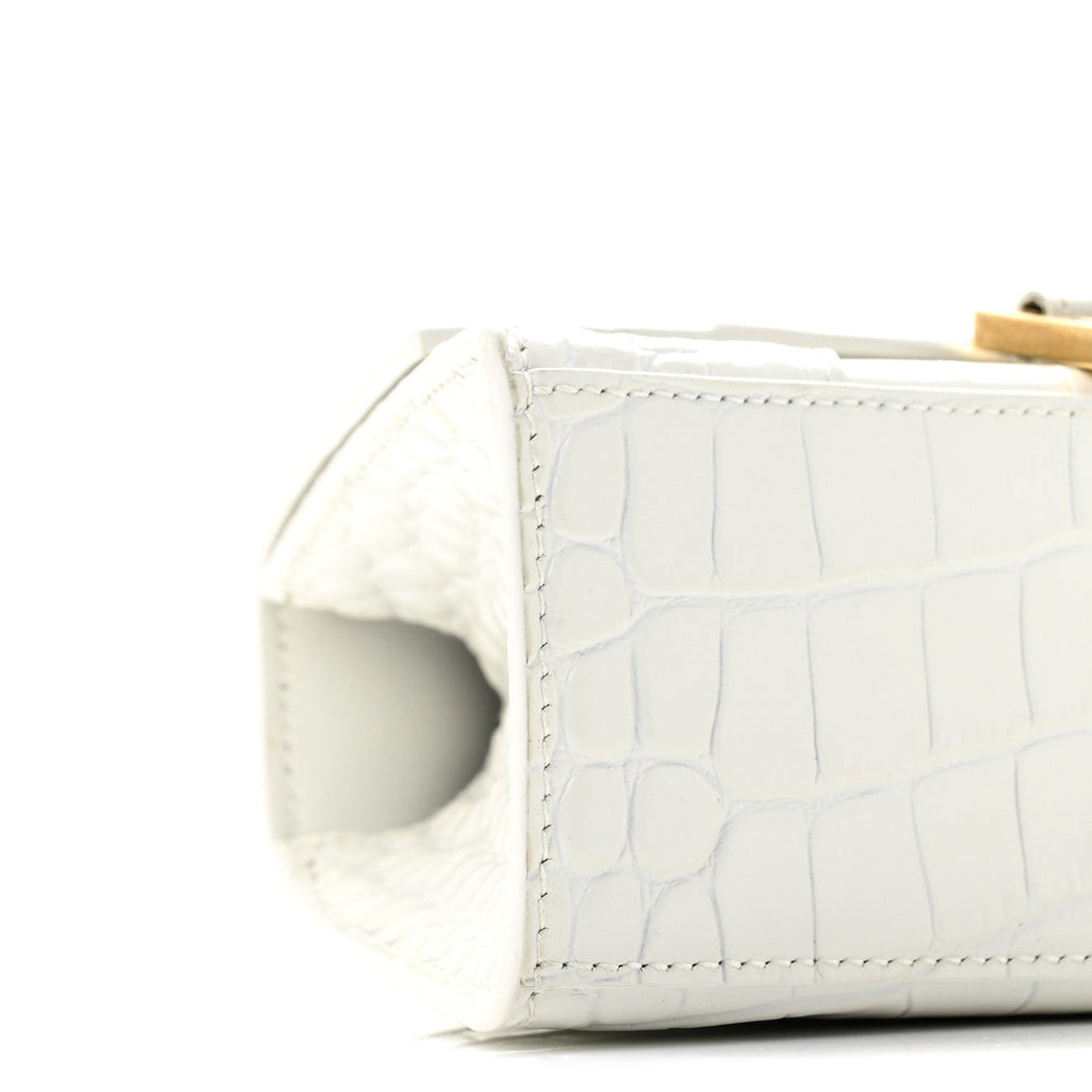 Shiny Calfskin Crocodile Embossed Hourglass Top Handle Bag XS White