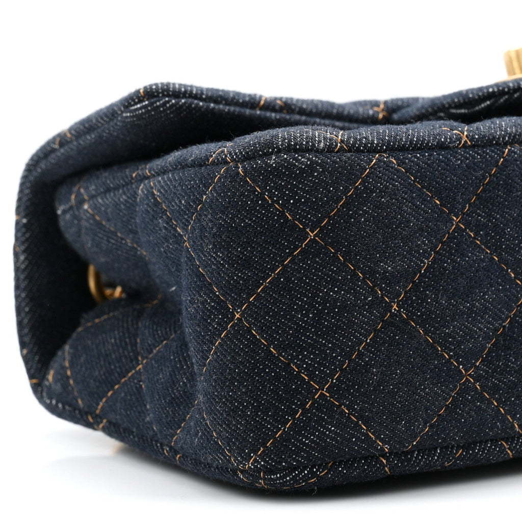 Denim Quilted Mini Rectangular Flap Dark Blue