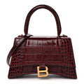 Shiny Calfskin Crocodile Embossed Small Hourglass Top Handle Bag Dark Red