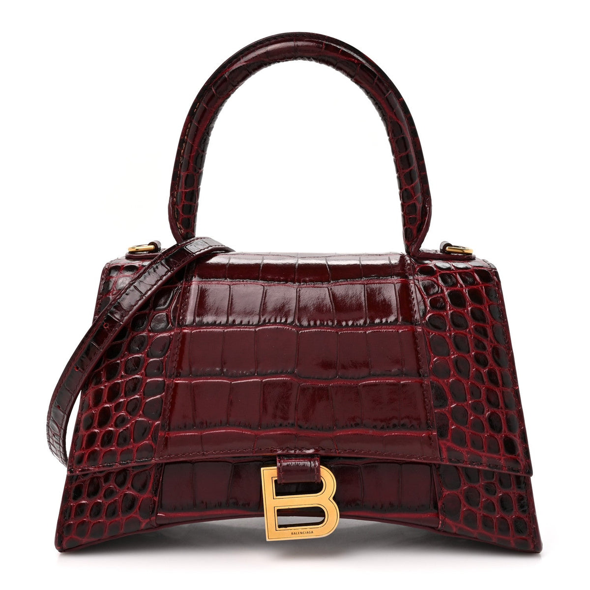 Shiny Calfskin Crocodile Embossed Small Hourglass Top Handle Bag Dark Red