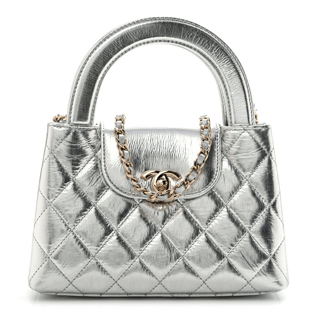 Metallic Aged Calfskin Quilted Nano Kelly Shopper Silvery
