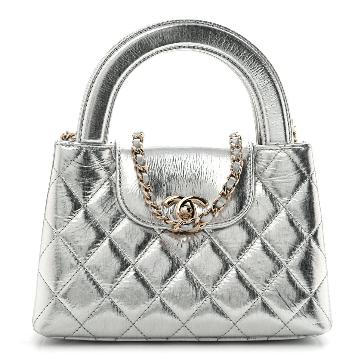 Metallic Aged Calfskin Quilted Nano Kelly Shopper Silvery
