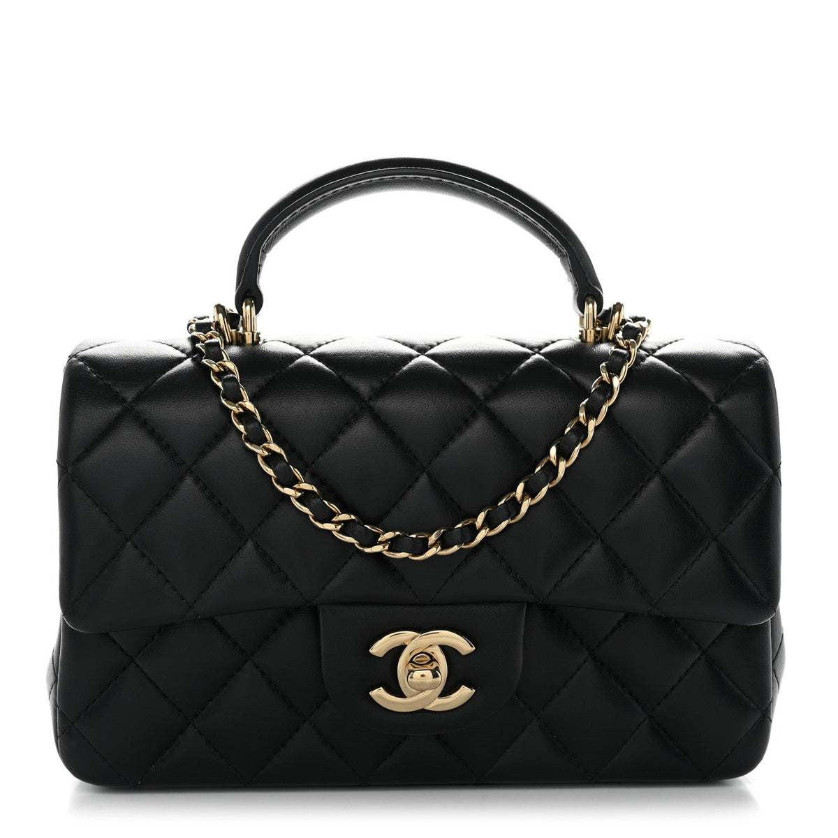 Lambskin Quilted Mini Top Handle Rectangular Flap Black