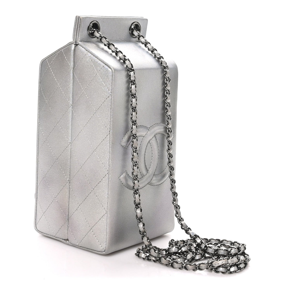Metallic Goatskin Lait de Coco Milk Carton Bag Silver