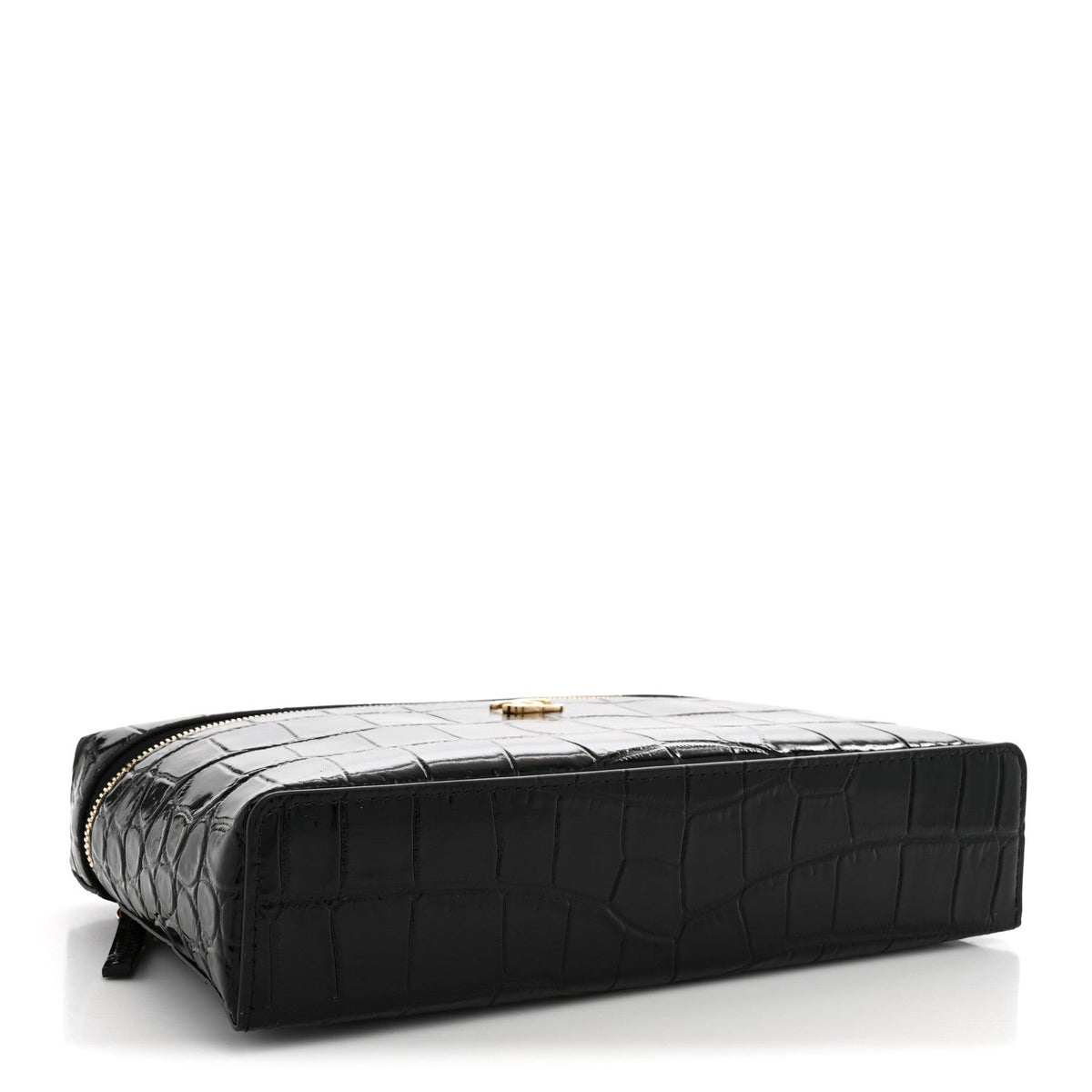 Calfskin Crocodile Embossed Slim Vanity Case With Chain  Black